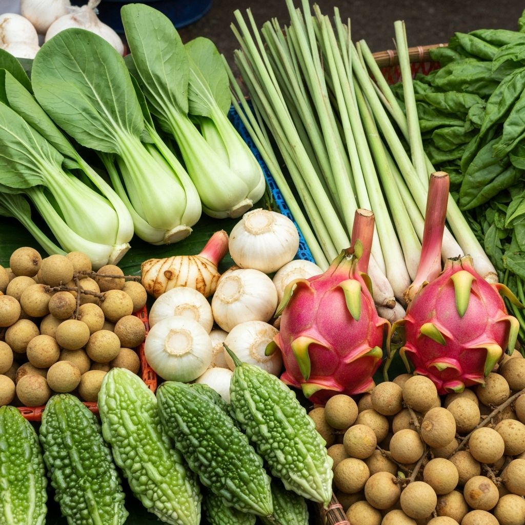Fresh Asian vegetables and exotic fruits on display including bok choy, lemongrass, dragon fruit and bitter melon