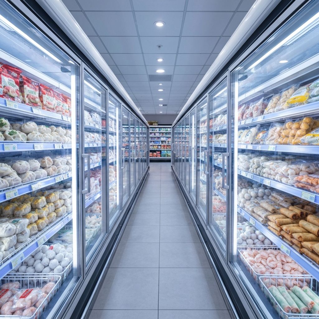 Asian grocery store freezer section with dumplings, fish balls and frozen seafood products