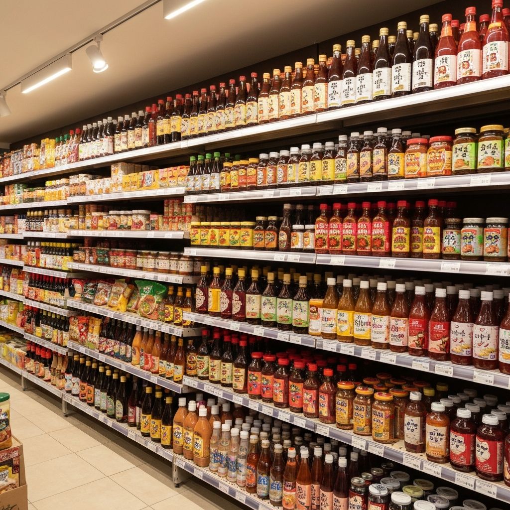 Stocked Asian grocery aisle with sauces, noodles, spices and canned goods